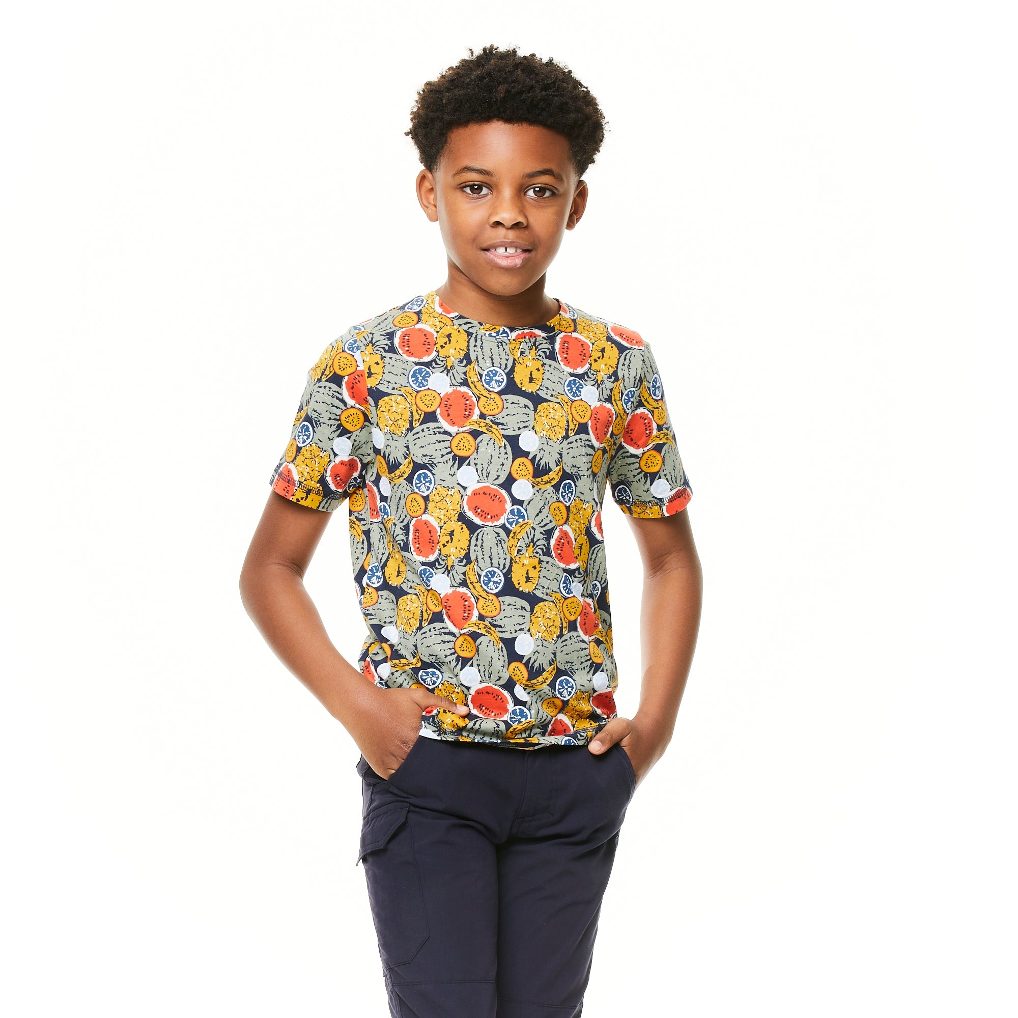 Kid's Gibbon Short Sleeved T-Shirt - Blue Navy Fruit Print