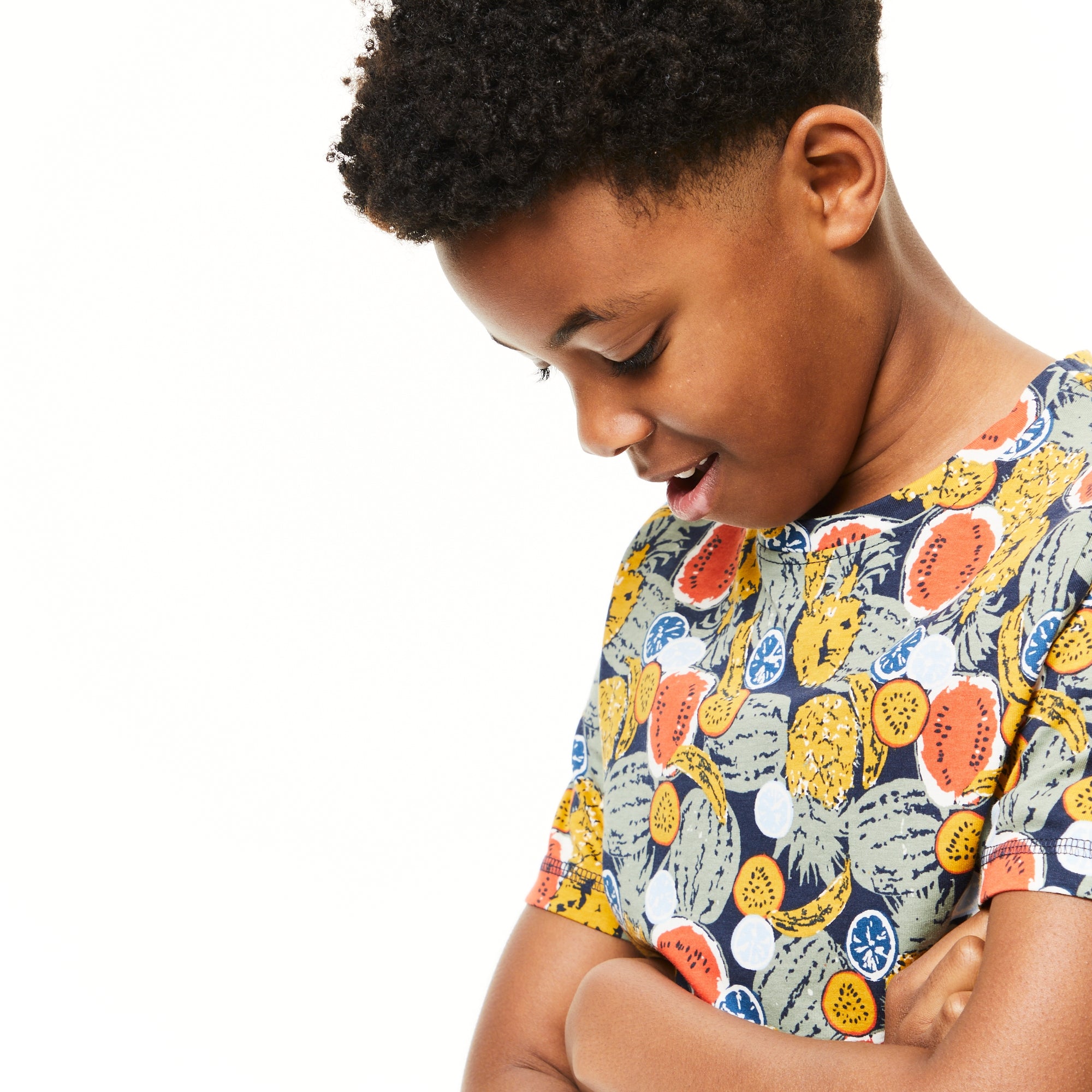 Kid's Gibbon Short Sleeved T-Shirt - Blue Navy Fruit Print